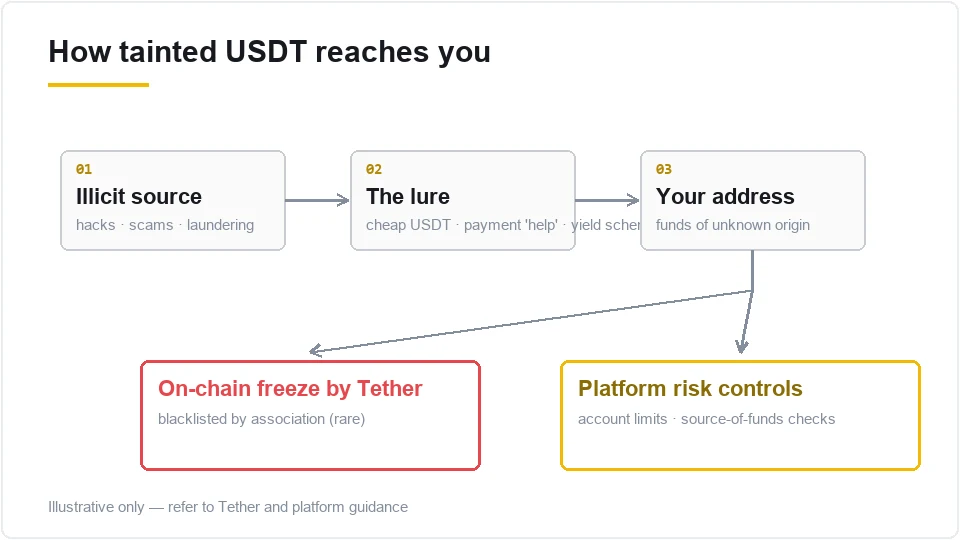 How tainted USDT reaches you: funds from a case-linked upstream address flow into your wallet and can trigger a Tether blacklist entry or a platform risk-control hold